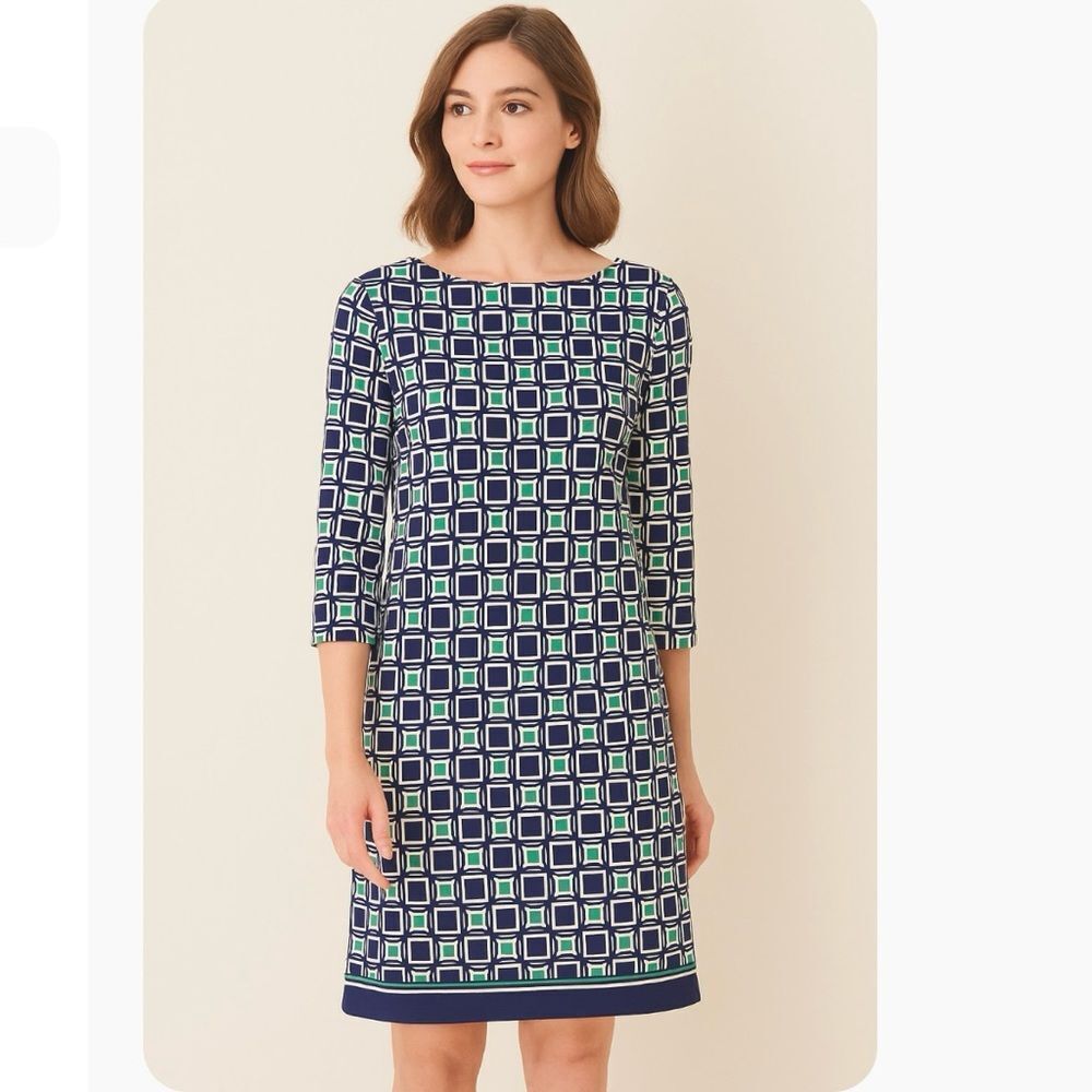 Talbots Geometric Print 3/4 Sleeve Shift Dress Size 8